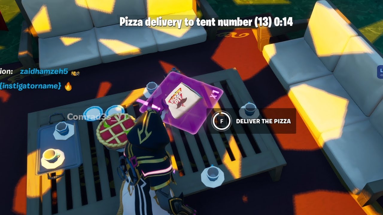 Deliver Pizza 3 times Fortnite Pizza Delivery to tent number (8, 4