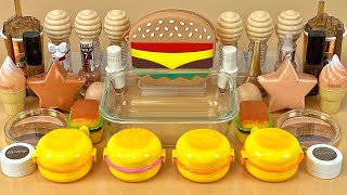 ASMR Slime 🍔🤎💤 Misturando maquiagem “Hamburger”, sombra, glitter em slime. Vídeo de slime.