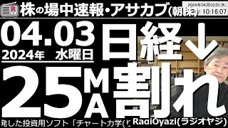 【投資情報(朝株！)】日経平均は続落で25MAを割った。この後どうなる？チャート分析＆解説●買いシグナル点灯銘柄：4046大阪ソーダ、3984ユーザー、6387サムコ、7931未来工業、他●歌：待って