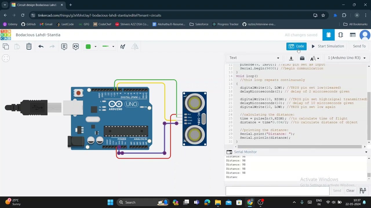 How to Interface an Ultrasonic Sensor with Arduino using TinkerCAD (IOT Application)