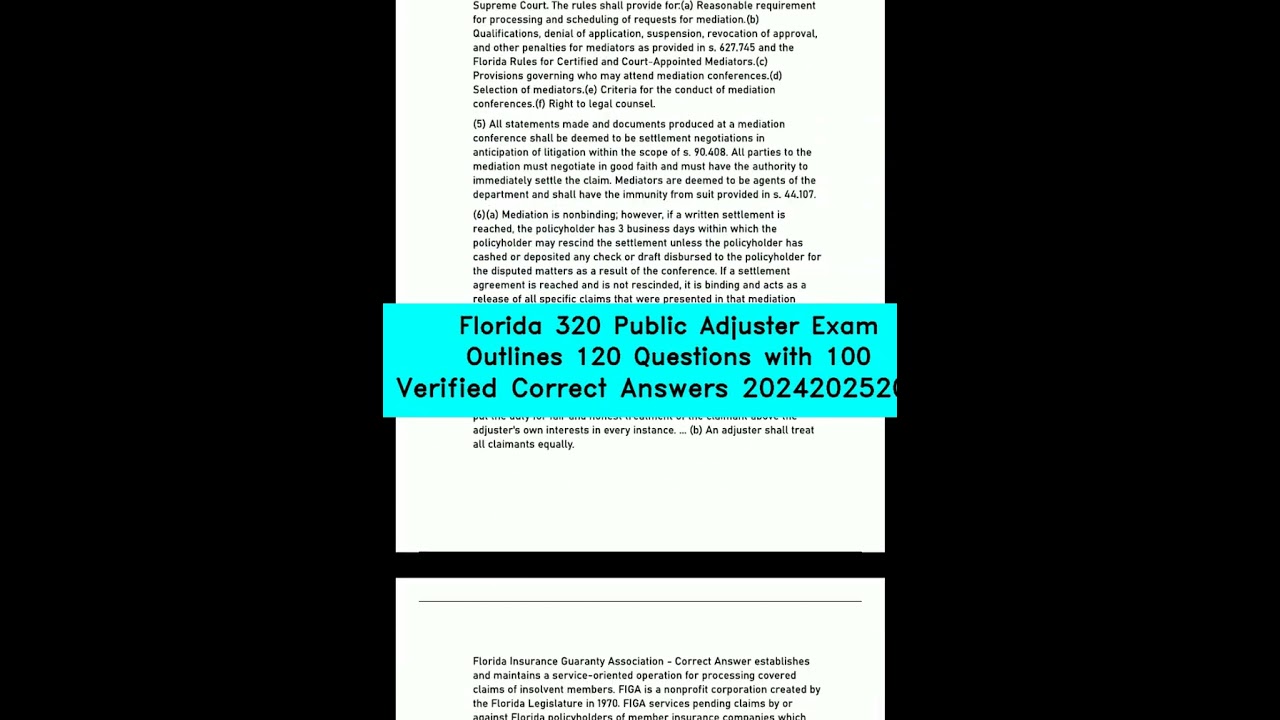 Florida 320 Public Adjuster Exam Outlines 120 Questions with 100 Verified Correct Answers 2024202520