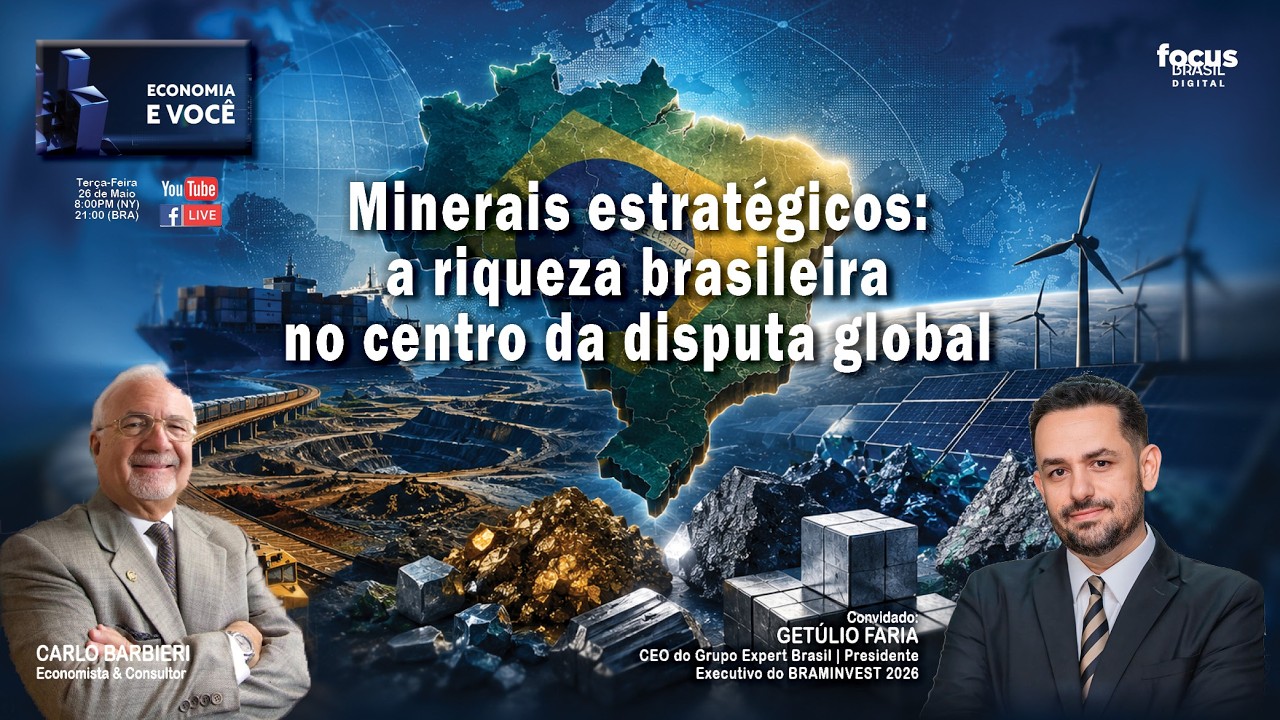 Minerais estratégicos: a riqueza brasileira no centro da disputa global | ECONOMIA & VOCÊ

🌎⛏️ O avanço da tecnologia, da transição energética e da nova geopolítica mundial colocou os minerais estratégicos no centro das atenções internacionais — e o Brasil surge como uma das nações mais relevantes nesse cenário.

No Economia & Você, CARLO BARBIERI recebe GETÜLIO FARIA -  CEO da Expert Brasil Group e Presidente Executivo da BRAMINVEST 2026, para uma análise sobre como as riquezas minerais brasileiras estão passando a ocupar posição estratégica nas disputas econômicas, industriais e energéticas globais.

Entre os temas abordados:
• O papel do Brasil no mercado global de minerais estratégicos e terras raras
• Como energia, tecnologia e geopolítica aumentaram o interesse internacional pelas riquezas minerais brasileiras

🗓26 de maio de 2026 | ⏰8PM (NY) / 21h (BRA)
📺 Não Perca! 👉 Clique para ser notificado e não esquecer 

💡 Uma conversa essencial para entender por que o subsolo brasileiro pode se tornar um dos ativos mais valiosos das próximas décadas.

Um oferecimento: 
OXFORD GROUP USA - Trazendo a sua empresa e apoiando o seu crescimento nos EUA por mais de quatro décadas - https://www.oxfordusa.com @oxford.usa 

Patrocínio: 
LEAF, FERREIRA, ARAÚJO LAW - 3 décadas de experiência em imigração nos EUA - https://www.leaflaw.com @leaf_law 

#Mineração #Geopolítica #EconomiaGlobal #EconomiaEVocê #focusbrasil