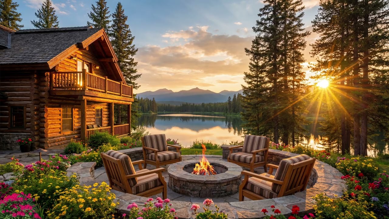 Lakeside Cabin Fire Pit | Birds & Lake Sounds | Deep Relaxing Nature Ambience for Sleep