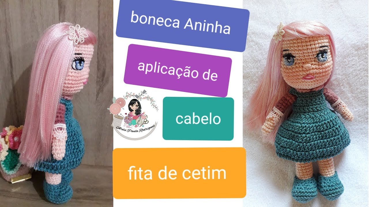 Cabelo de fita de cetim aplicação. Boneca Aninha