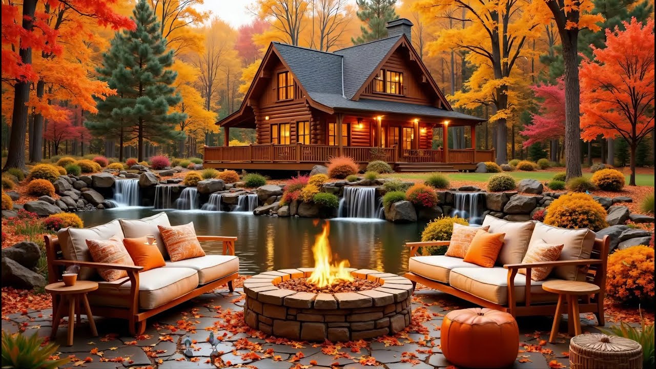 Cozy Autumn Cabin Ambience in the Woods 🍂 Piano Music & Fireplace ...