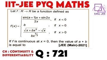Let f: R to R be a function defined as f(x)={(,(sin (a+1)x + sin2x)/(2x), if x lt 0),(, b, if x=0),