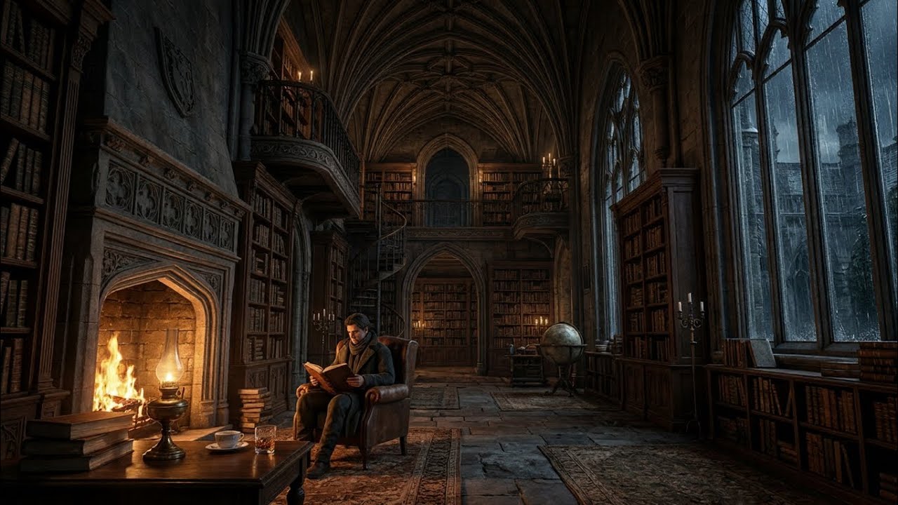 Forbidden Zodiac Academy Library | Dark Academia Ambience | Rain & Distant Thunder | Calm Lofi music