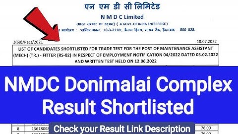 NMDC Result Out Shortlisted Candidate Donimalai Complex Advt.No. 04/2022 Maintenance Assistant Post