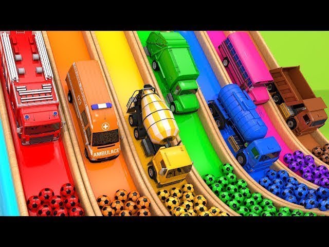 Learn Colors with 7 Street Vehicles and Surprise Soccer Ball Flying Toy Cars Pretend Play for kids class=