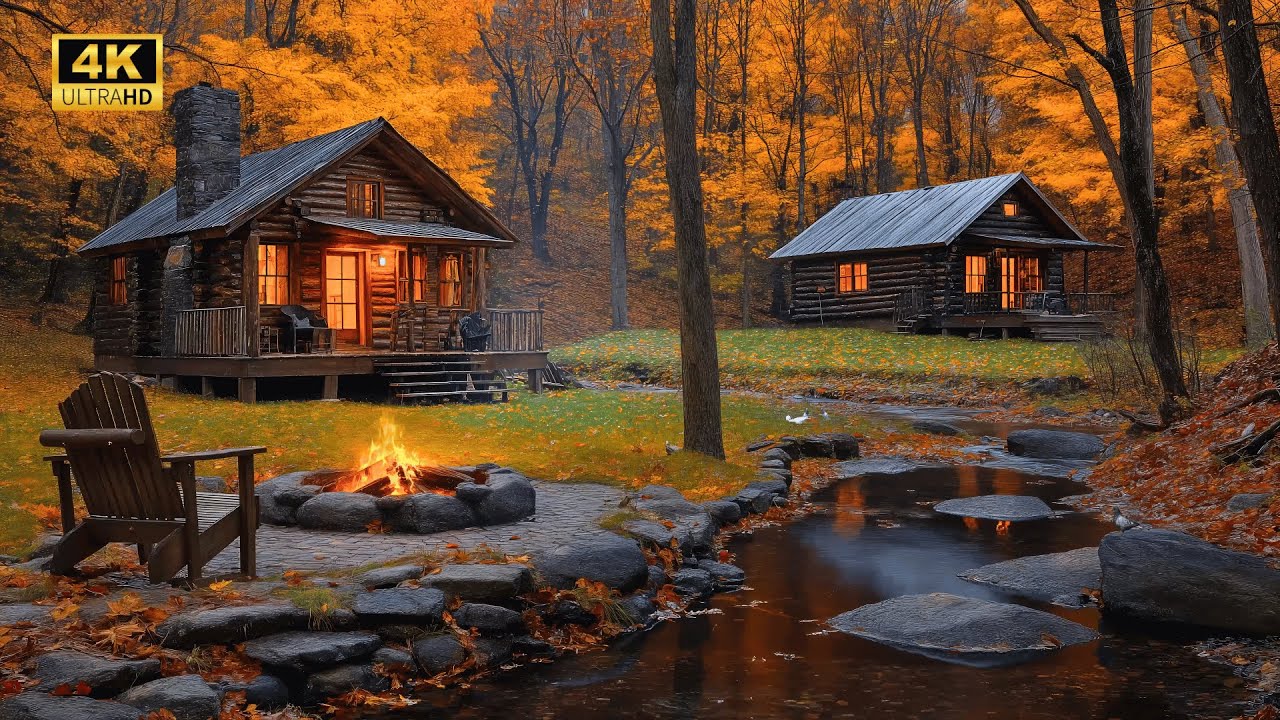 4K Cozy Cabin by the Stream in Autumn Forest: Fire Pit and Nature ...