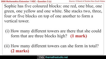 2006 Maths Extension 1 HSC Q3c Find number of arrangements of coloured blocks (ordered)