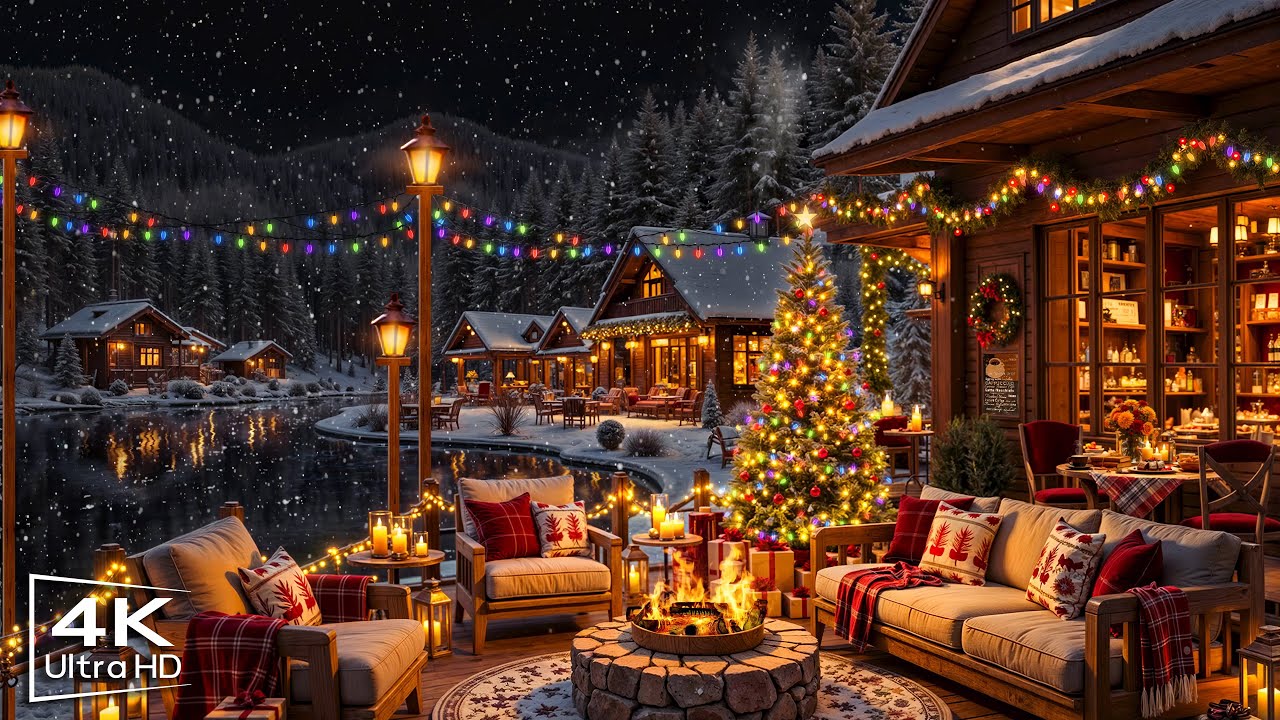 Christmas Jazz Background Music & Gentle Snowfall 🎄 Warm Jazz Music at Christmas Porch Ambience