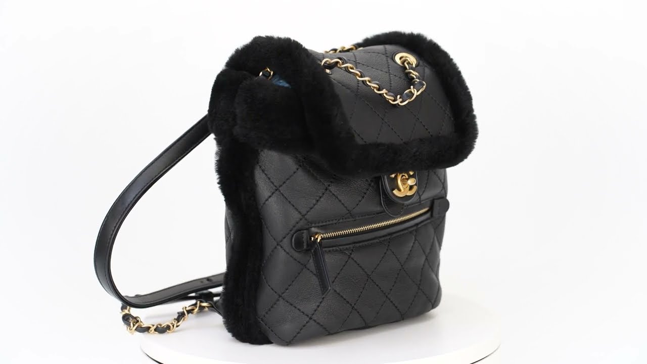 Chanel Shearling Lambskin Backpack Black Quilted CC