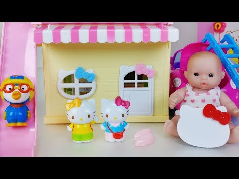 Hello kitty 2 story slide house and baby doll picnic car toys play 헬로키티 이층 하우스 자동차 장난감 아기인형 놀이 - 토이몽