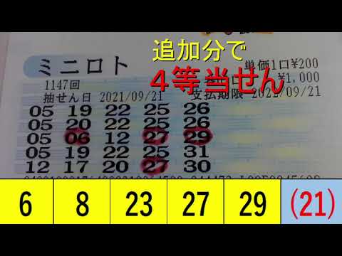 【ミニロト当たるかな】第1147回 結果 ４等当せん（追加分）