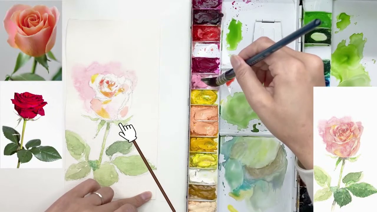 バラの花の描き方【透明水彩】線画（塗り絵）配布あり- どこでも絵画
