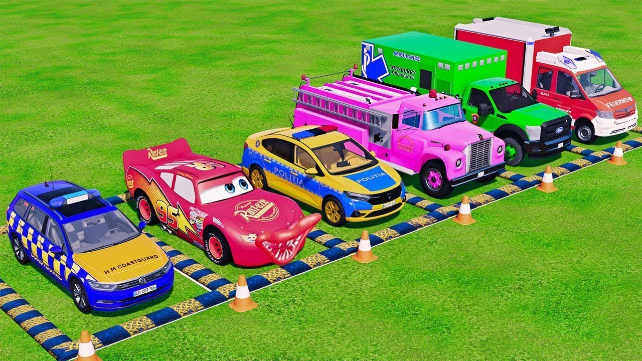 TRANSPORTING FIXAR CAR, DACIA, MCQUEEN, AMBULANCE EMERGENCY, FIRE ENGINE WITH TRUCK ! FS22 #31