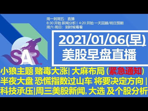 美股直播01/06 (早) 小狼主题 赌毒大涨| 大麻布局 (紧急通知)半夜大盘 恐慌指数过山车 将要决定方向 |科技承压|周三美股新闻, 大选 及个股分析 Episode cover