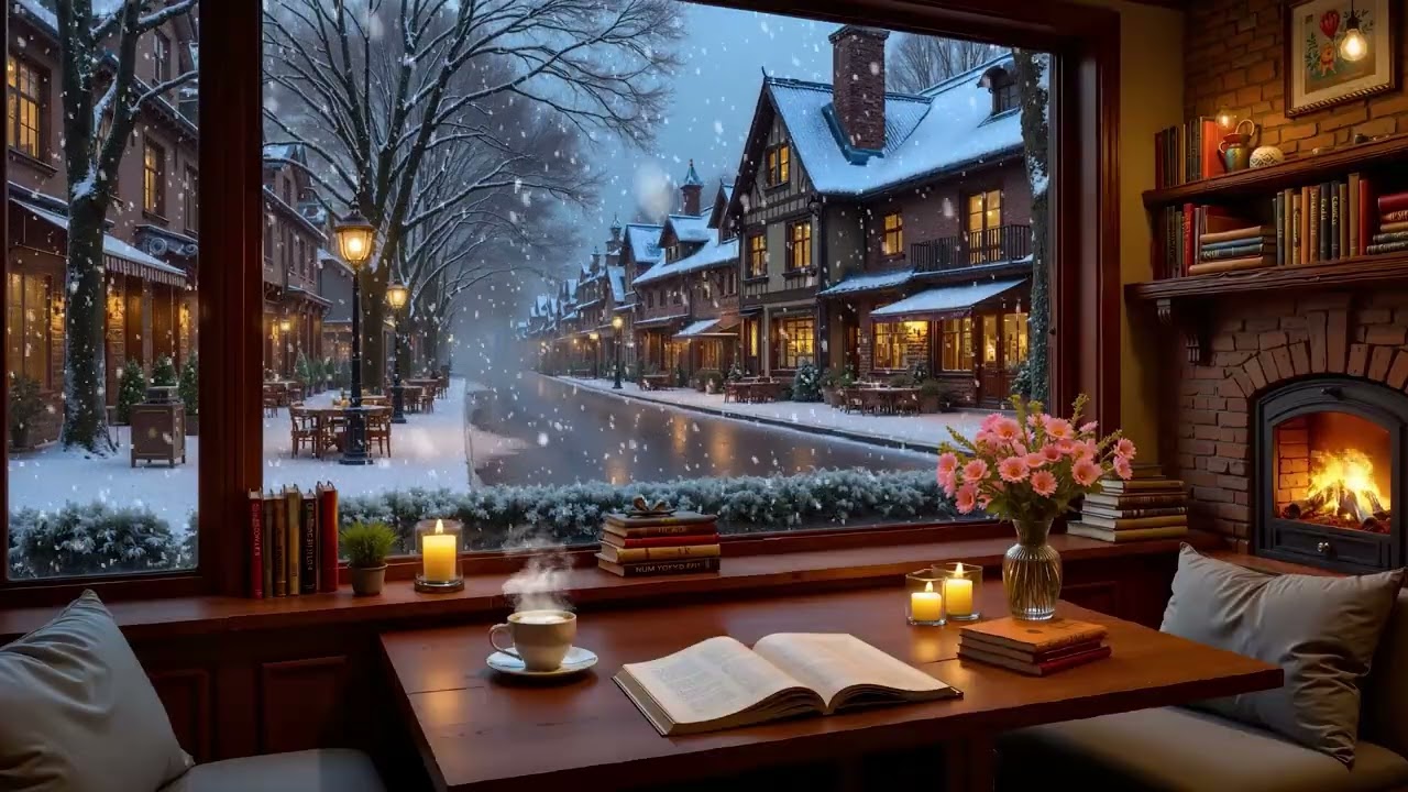 Тихое зимнее кафе ❄️ Расслабляющая джазовая фортепианная музыка и звуки камина для учебы и работы