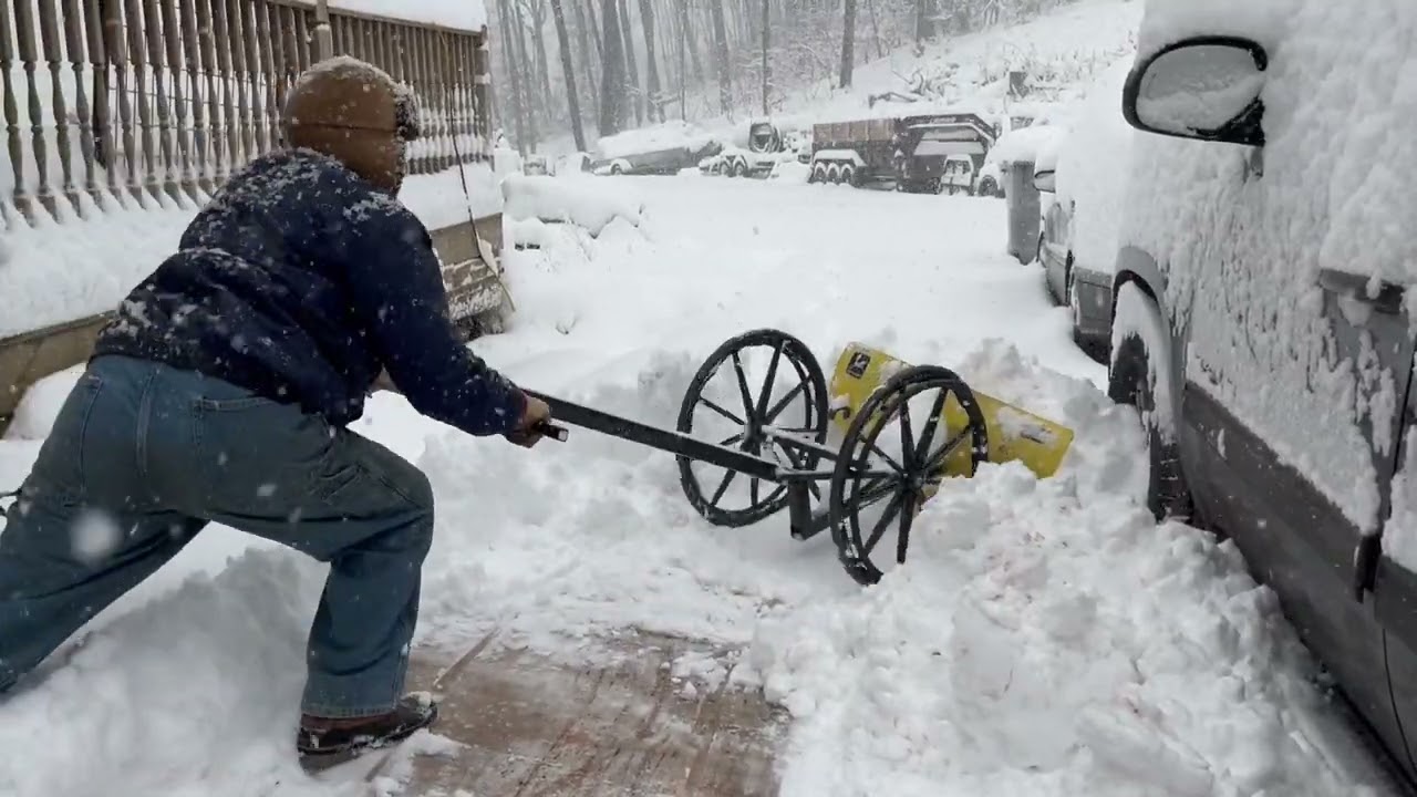DIY Homemade Man Powered Snow Push Plow Demonstration Moving Deep Snow.