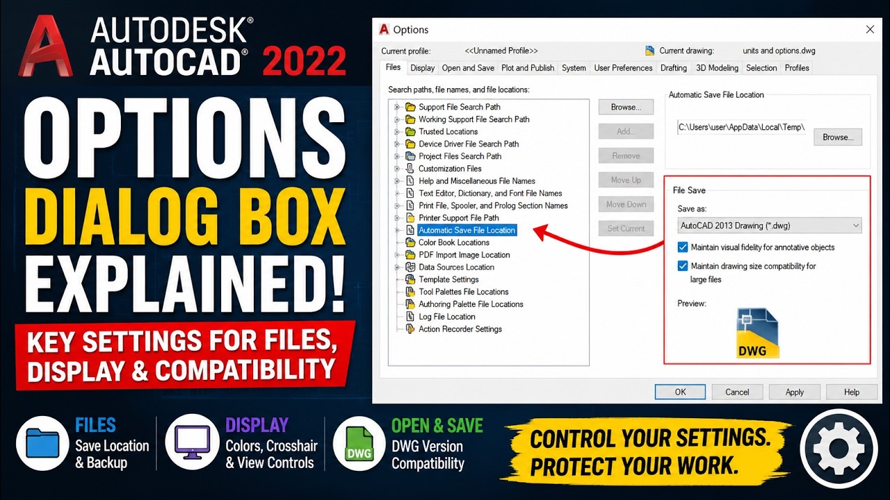 07 AutoCAD Options Dialog Box Explained | Key Settings for Files ...
