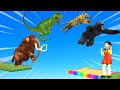 Wild animals long jump game with woolly mammoth trex gorilla lion tiger cow with squid game doll