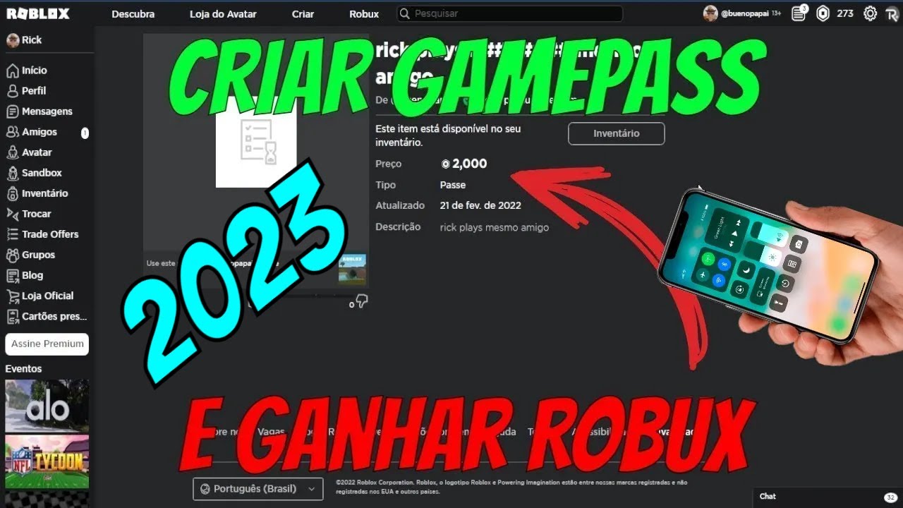 COMO CRIAR PASSE ATUALIZADO 2023 PARA CELULAR 🤩COMO GANHAR ROBUX CRIANDO  GAMEPASS NO ROBLOX 