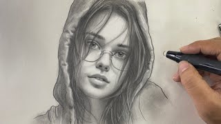 How to draw the Portrait of girl with glasses ( graphite pencil )