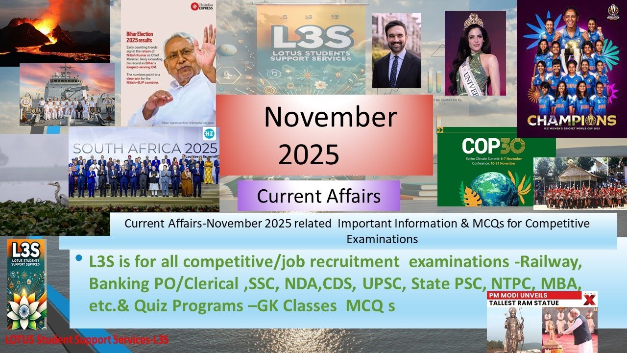 Monthly Current Affairs November 2025| 60 Important MCQs for ...