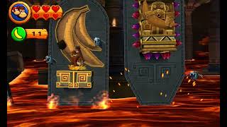 Donkey Kong Country Returns 3D - Beach - Tumblin Temple
Landings over the lava will sink when you land on them or when they fall onto the scene. With a wall of ledges sinking, you’ll find the first Puzzle Piece. After a swarm of catbats appear, bounce off a trio of Tiki Buzzes and hand slap in front of a jar to reveal the 2nd Puzzle Piece. Some walls have crystal spikes on them, so be sure to bounce off the catbats if any wall only has spikes. The 3rd Puzzle Piece floats under a platform on one wall. After navigating a grassy ceiling, bounce off a catbat to get to the top and hand slap in front of a jar to reveal the 4th Puzzle Piece. As walls keep falling, be sure to scale the grassy wall and strike near a jar to reveal the 5th Puzzle Piece. After the walls stop falling, go to the last landing to collect the blue orb. Donkey Kong Country Returns 3D - Beach - Tumblin Temple
