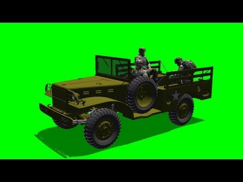 Army jeep with soldiers driving through the picture - different Views - green screen - free use