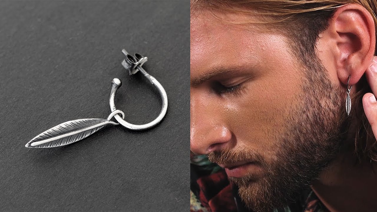 925 silver dangling feather earring for men, gift for him | Emmanuela ...