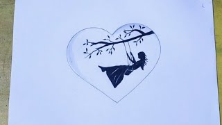 pencil drawing of a girl playing a swing under a tree inside love / creative scenery lovedrawing