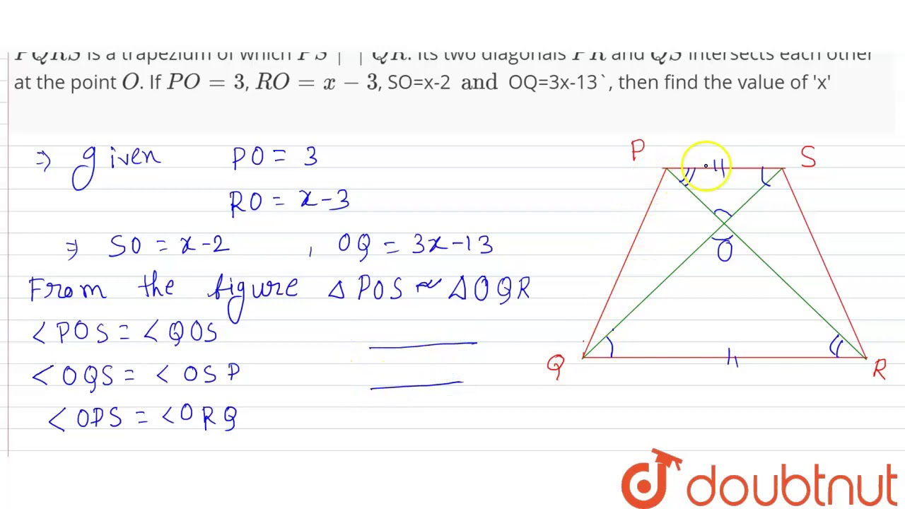 Pqrs Is A Trapezium Of Which Ps Qr Its Two Diagonals Pr And Qs Intersects Each Other Youtube