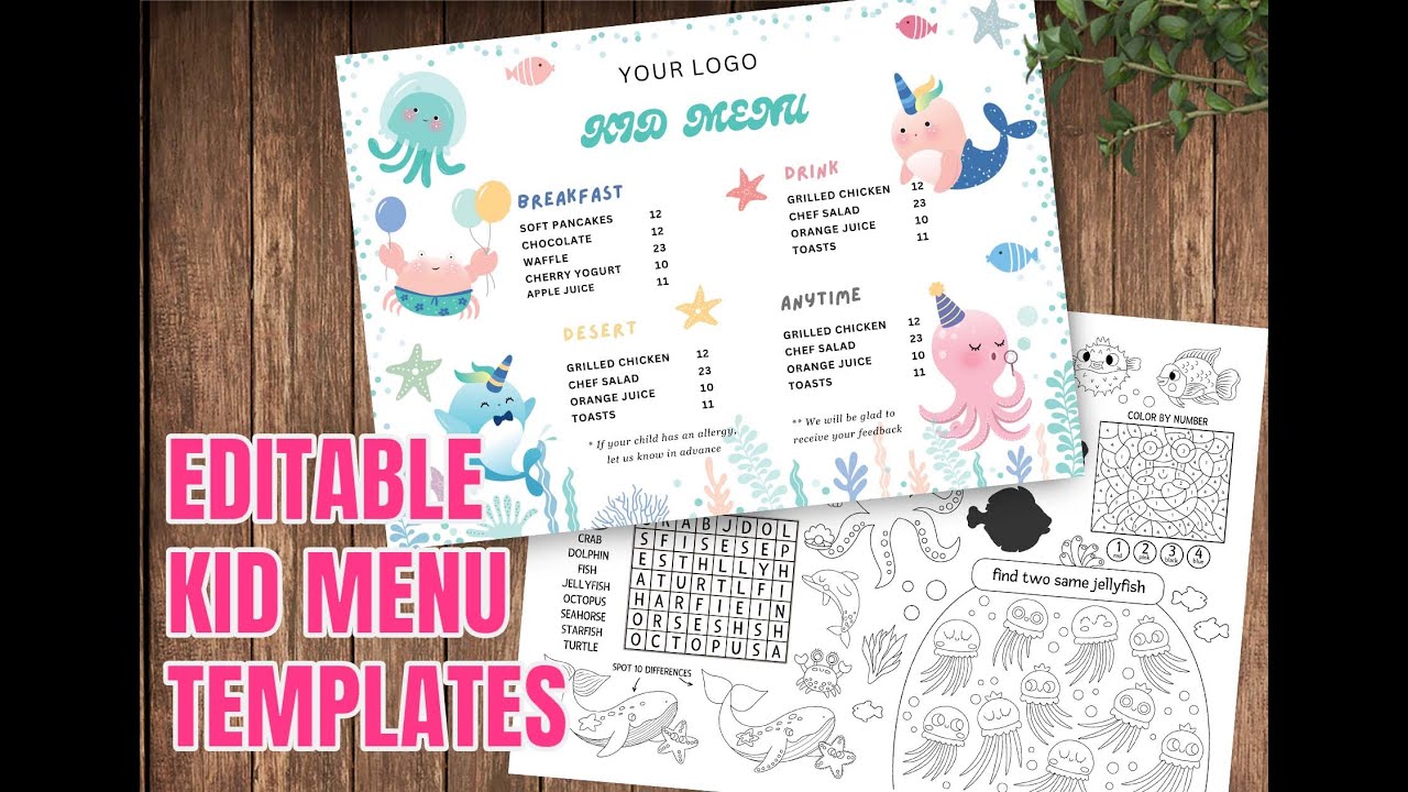 Cute kid menu with Sea animal Kid’s Activity Placemats for