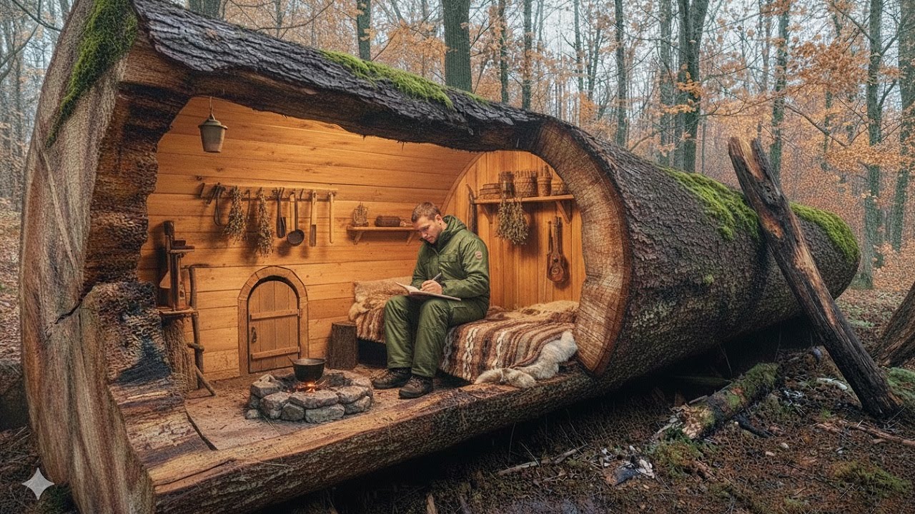30 days of survival - Build a warm shelter inside a tree hollow, alone ...