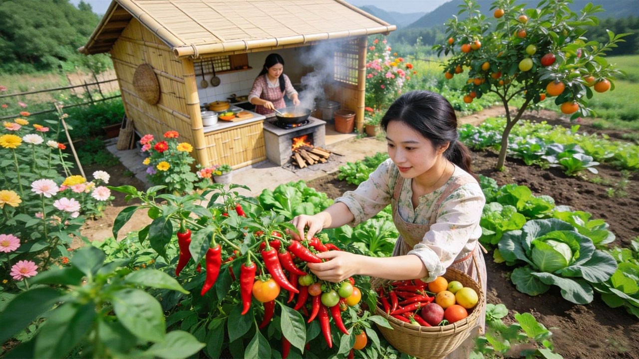 Peaceful Country Life: Small Garden, harvesting chili peppers and making spicy and sour beef hot pot