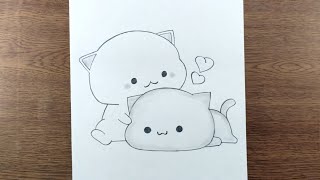 Two Cats Animals In Love Easy Pencil Outline Drawing Cute Pencil Art