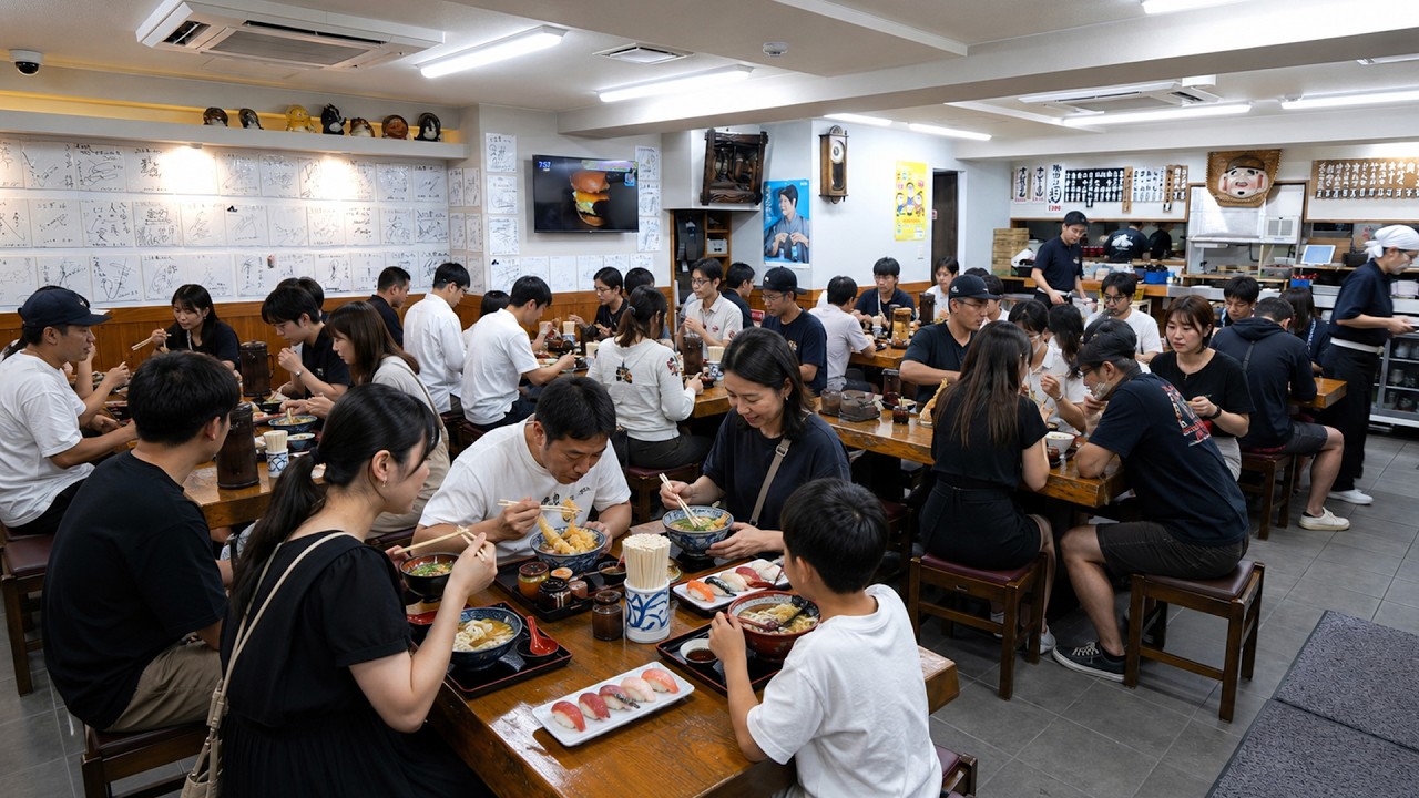 店内満席でも２分で到着！５つの鍋をぶん回す２４時間の大衆寿司うどん食堂！