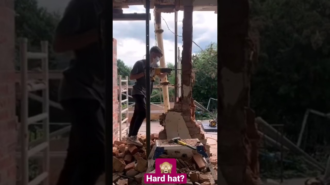 BRICKS FALL ON THIS GUYS HEAD: no hard hat 🙈:construction fails!