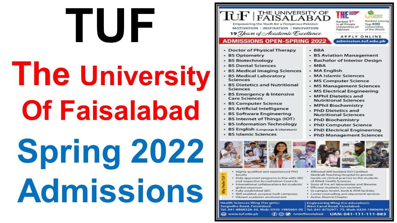 The University of Faisalabad | TUF | Spring 2022 Admissions | tuf admission spring 2022 | spring
