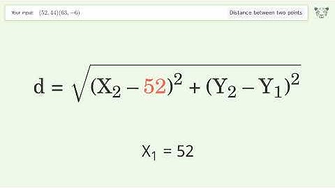 Find the distance between two points p1 (52,44) and p2 (63,-6): Step-by-Step Video Solution