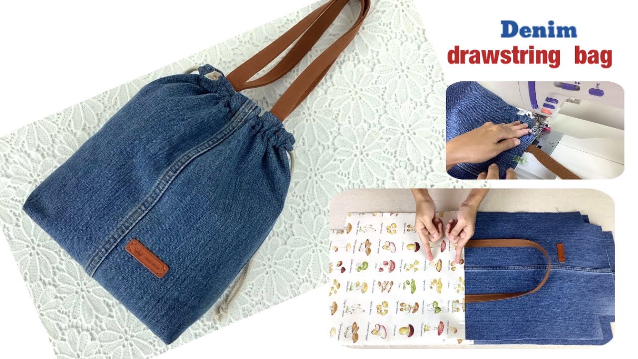 diy a denim drawstring bags tutorial, reuse old jeans ideas to bag  patterns,easy to sew at home 
