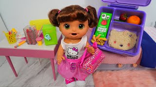 Baby Alive packing Hello Kitty Lunchbox and backpack doll Morning Routine