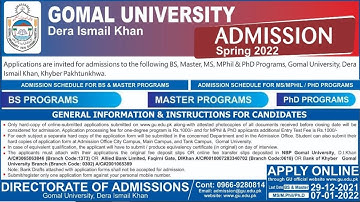 GOMAL University Spring 2022 Admissions | BS/Master/MPHIL/PHD Admissions Open in GOMAL Spring 2022