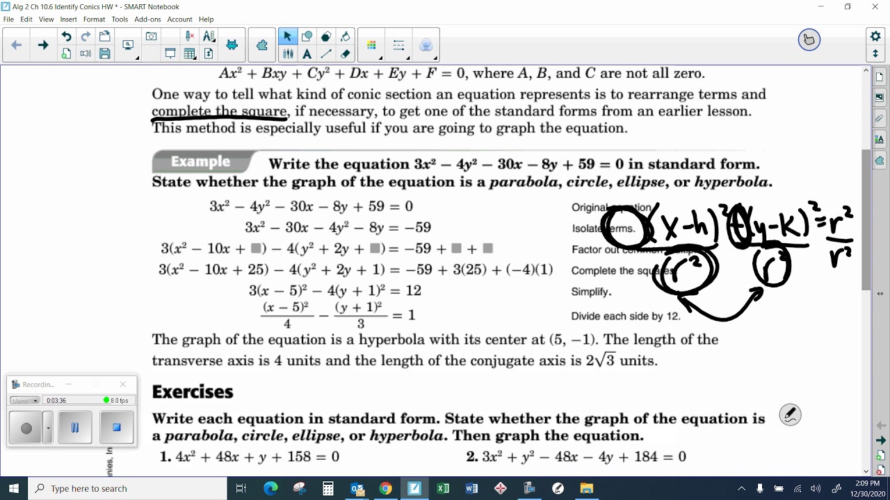 Alg 2 ch 10 6 identify conics hw 7 min youtube