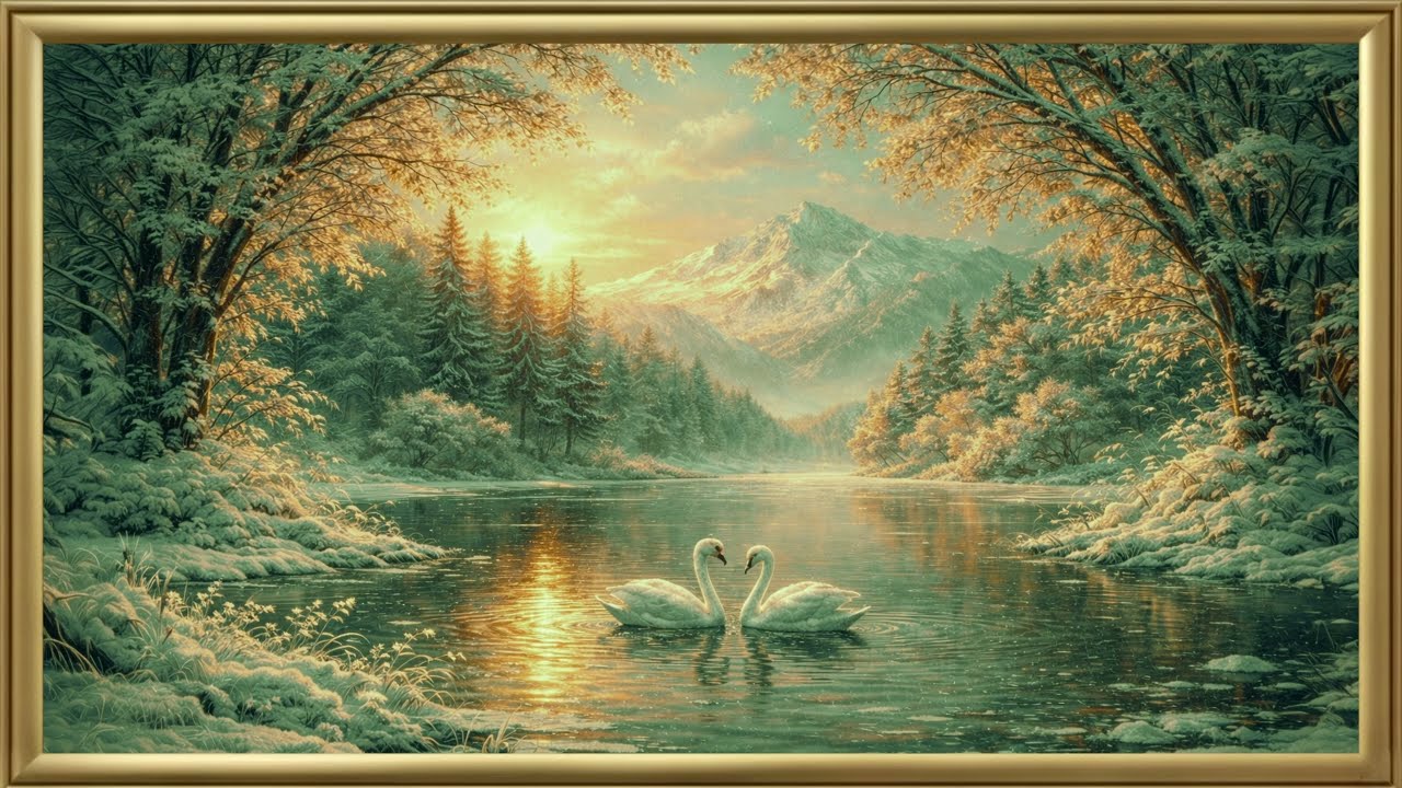 Frame TV Art  | Swans Winter Gold Frame | Art Screensaver for TV