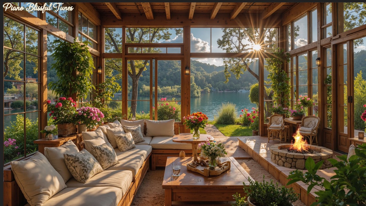 Peaceful Spring Morning by the Lake 🌸 Relaxing Piano & Fireplace Sounds for Focus & Study