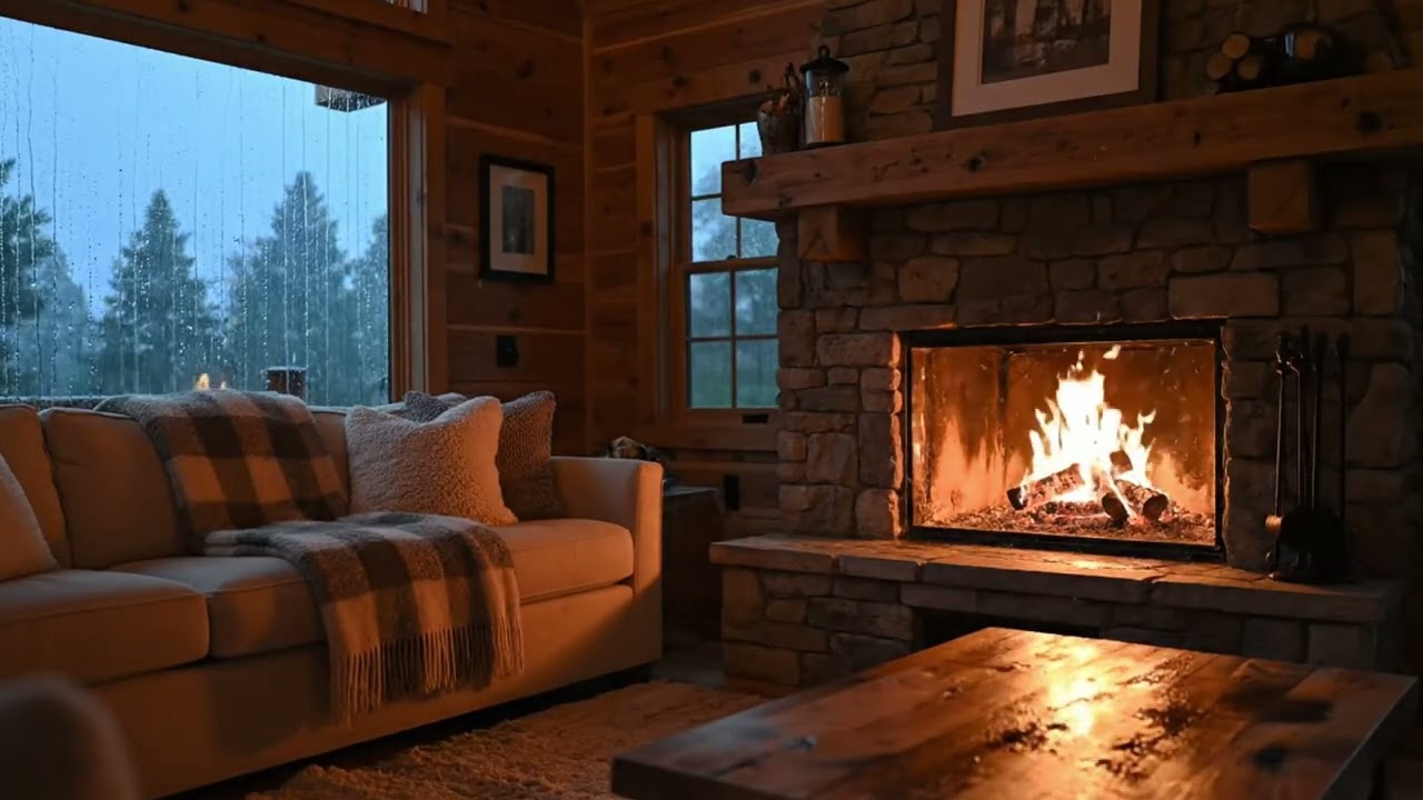 Relax by the fire in this cozy cabin while it rains outside.