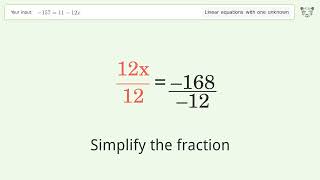 Solve -157=11-12x: Linear Equation Video Solution | Tiger Algebra